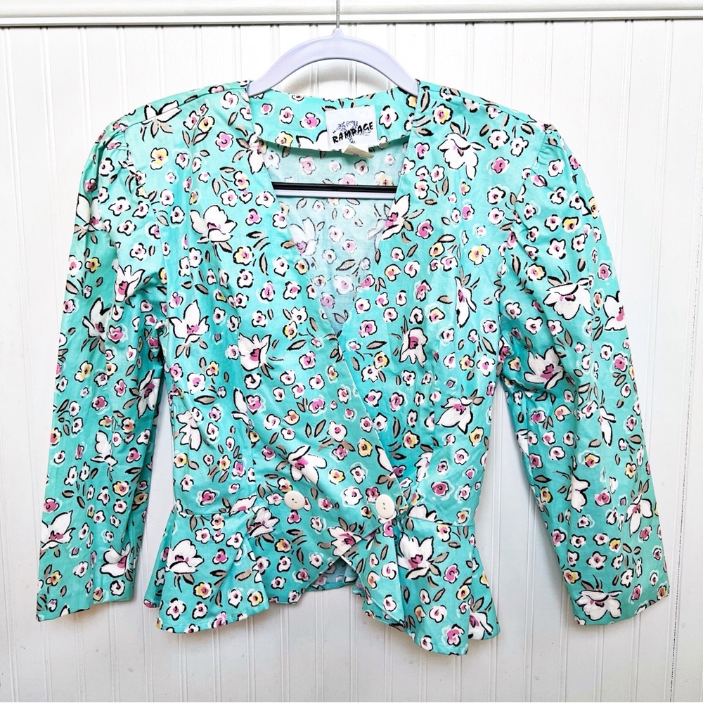 Rampage Vintage Retro Turquoise Floral Puff Sleeve Double Breasted Blouse Sz 3/4